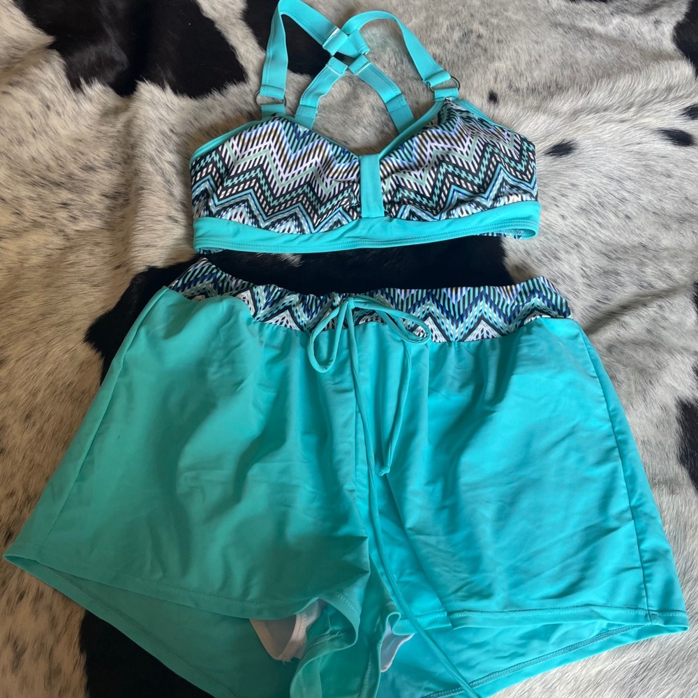 Womens Aqua Blue Swimsuit Set Tankini Top sz M & Drawstring Shorts sz L Chevron